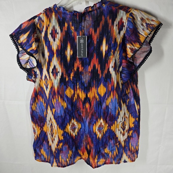 NWT Cable‎ & Gauge Boho Ikat Print Blouse Top Multicolor Large Flutter Sleeve - Picture 10 of 14